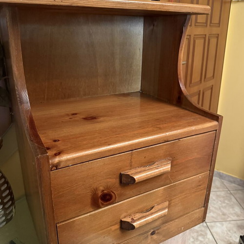 Wooden bedside table with 2 drawers and open shelf used