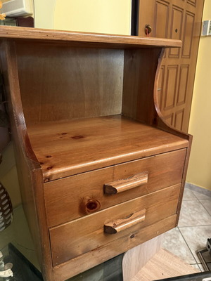 Wooden bedside table with 2 drawers and open shelf used