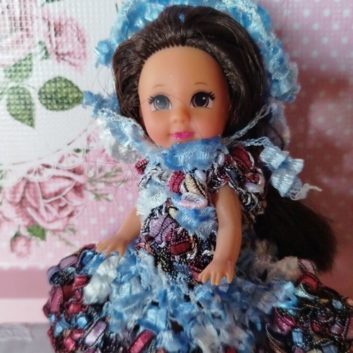 Miniature Doll New with Handmade Dress and Hat 10cm