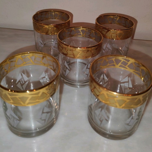 Whiskey or water glasses used, Italian made, gold decoration set of 5