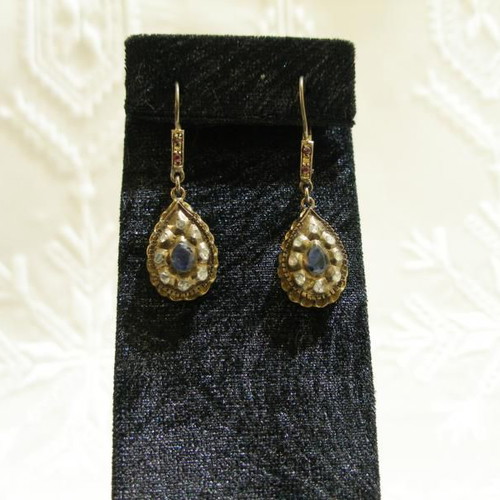 Victorian gold earrings 9 carat like new with diamonds, sapphires and rubies