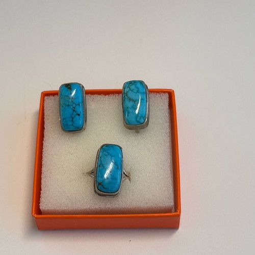Vintage handmade silver jewelry set with blue turquoise used