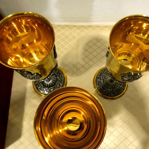 Russian handmade brass wine goblets in velvet case like new