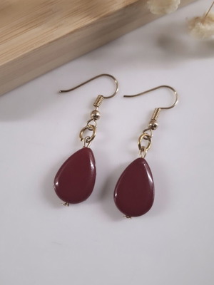 Earrings with hanging glass element new, burgundy and gold color