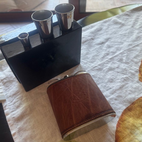 Italian leather flask with two metal cups travel bar set vintage