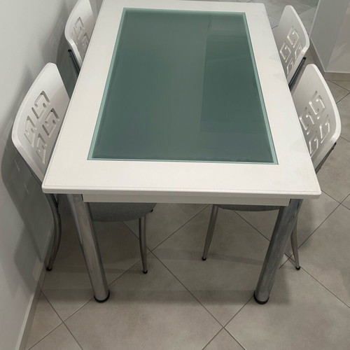 Dining table with 4 chairs used, white eco paint, glass top