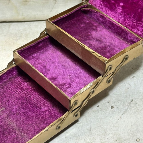 Vintage metal jewelry box with drawer mechanism and velvet lining used