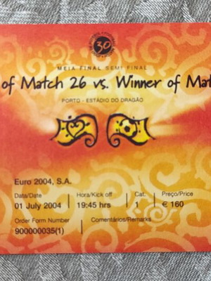 Εισιτήριο ημιτελικού ποδοσφαίρου EURO 2004 Ελλάδα Τσεχία σαν καινούργιο