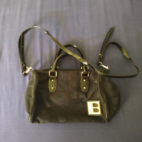 Bally Boston Bag in Black Cotton with Patent Leather Trim Like New