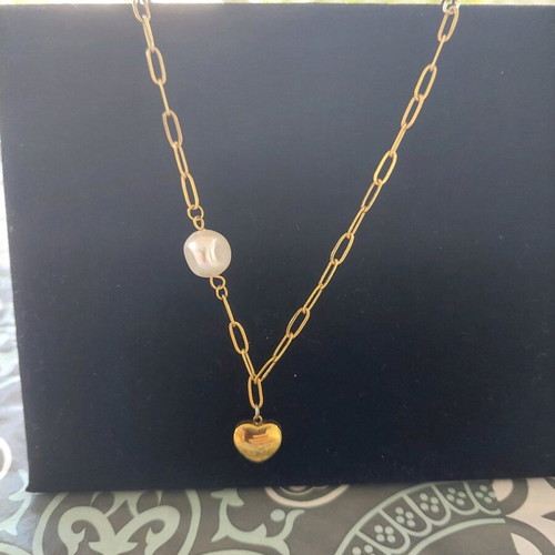 Steel necklace with heart and pearl, like new
