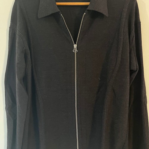 Issey Miyake Men wool knit cardigan with two-way zip, black and grey