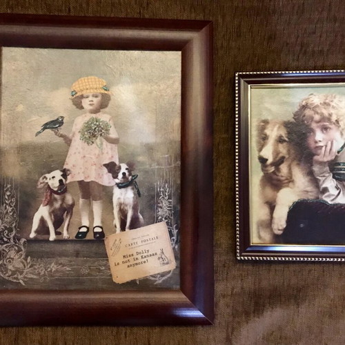 Vintage art prints used, set of 2, decoupage technique with children and dogs