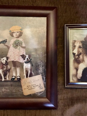 Vintage art prints used, set of 2, decoupage technique with children and dogs