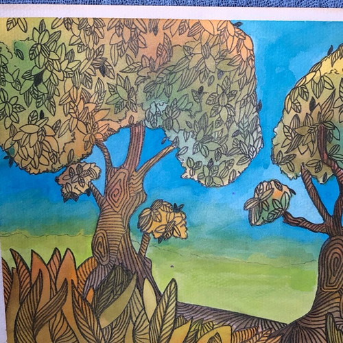 Watercolours and pencil new, tree drawing 21x29