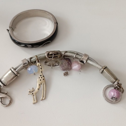 Set of 2 fashion bracelets, black enamel bangle and charm bracelet