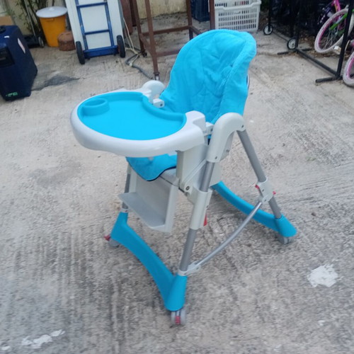 Folding Baby Highchair used, blue with wheels and brakes