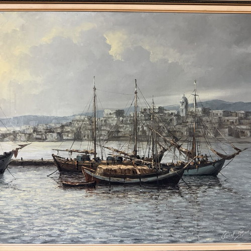 Ν. Ποκαμισάς ελαιογραφία «Αγκυροβολημένα καΐκια στο σούρουπο» Τήνος