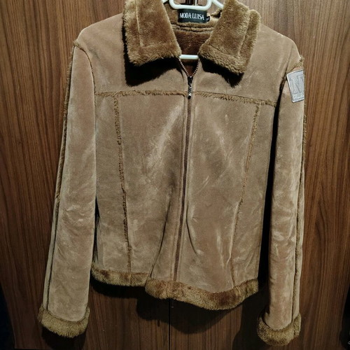 Suede jacket with fur XL like new, beige brown