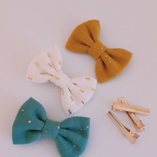 Children's bows new muslin set of 3 with gold appliqué polka dots