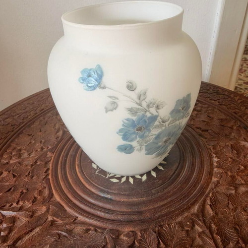 Vintage opaline vase with blue floral decoration, like new