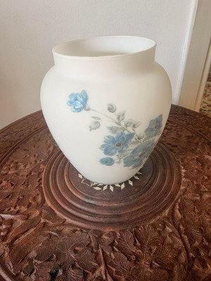 Vintage opaline vase with blue floral decoration, like new