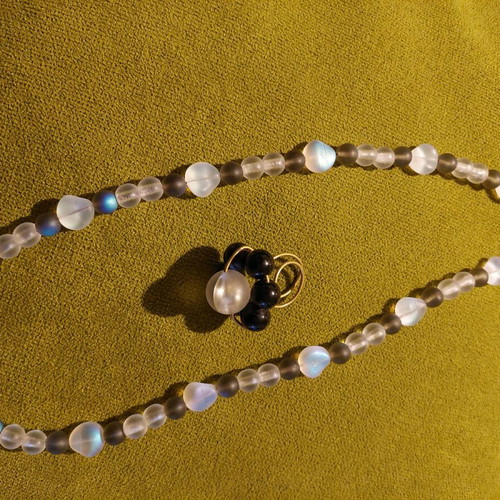 Handmade necklace and ring set like new with matte grayish-blue beads