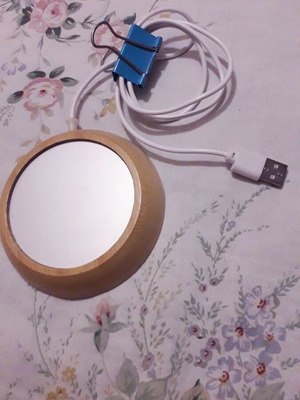 Heated Drink Warmer with USB Cable, Silver and Beige Wood Effect, Like New
