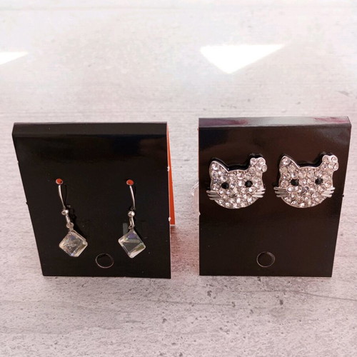 Earrings set with geometric drops and cat studs, new, silver