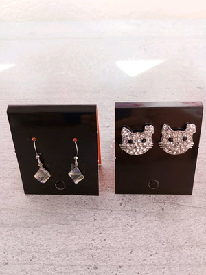 Earrings set with geometric drops and cat studs, new, silver