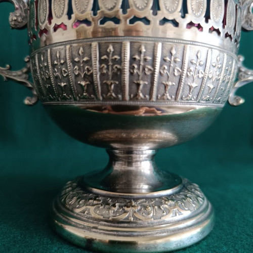 Vintage silver-plated Art Nouveau sugar bowl with blown red glass insert like new