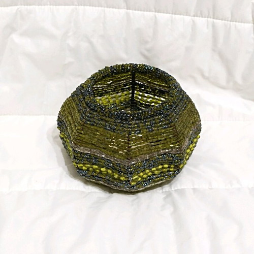 Decorative candle holder with beads like new, olive tones