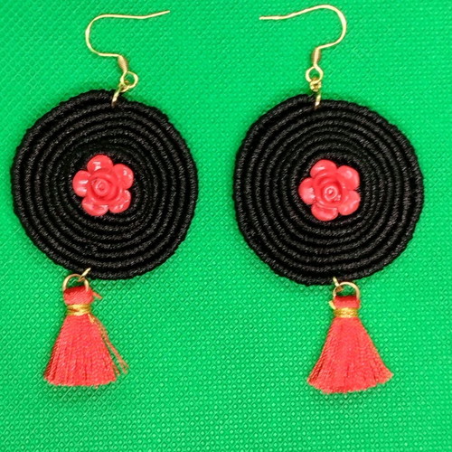 Macrame spiral earrings with red tassel made to order