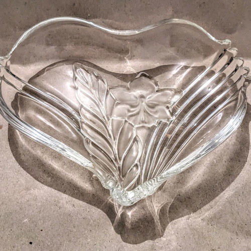 Crystal platter heart-shaped like new with embossed designs