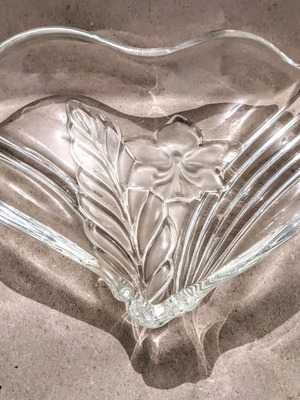 Crystal platter heart-shaped like new with embossed designs