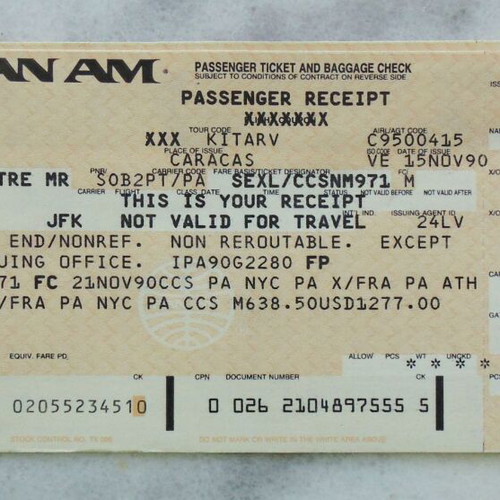 Pan Am collectible two-leaf ticket 1990 Caracas to New York to Athens