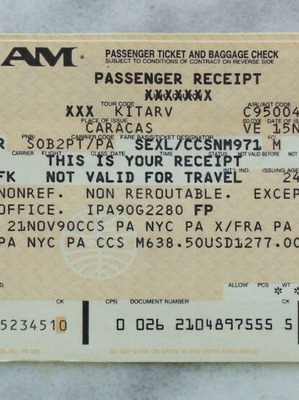 Συλλεκτικό δίφυλλο εισιτήριο Pan Am 1990 Καράκας προς Νέα Υόρκη προς Αθήνα