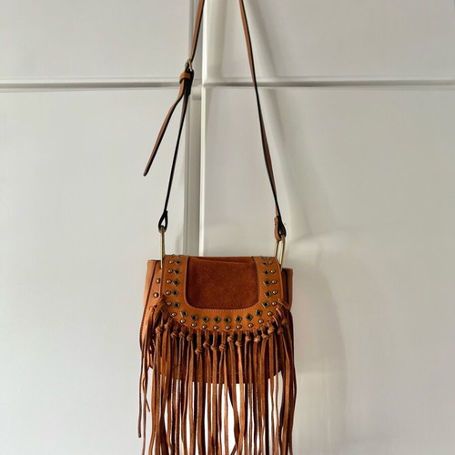 Leather cross body bag Pepe Jeans chocolate like new with fringes