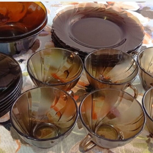 Tempered amber brown glass dinnerware set