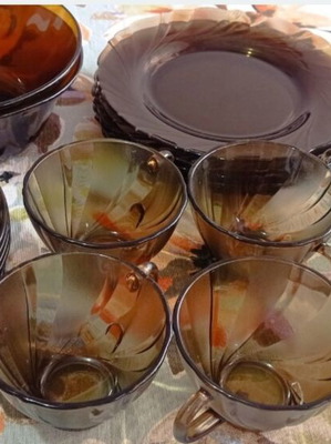 Tempered amber brown glass dinnerware set