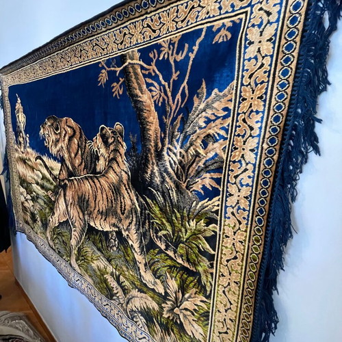 Large vintage tapestry with tigers and elephants on blue background like new
