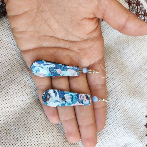 Floral blue printed earrings made to order, wooden with cat's eye stone