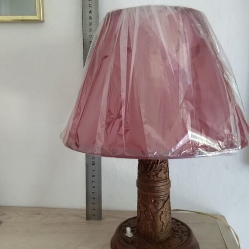 Table lamp with carved wooden base and new shade, 36 cm height