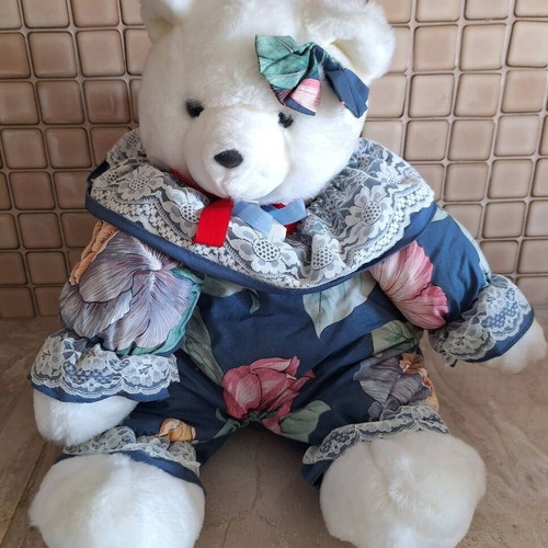 Plush white teddy bear new with blue floral outfit and lace details