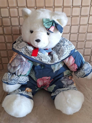 Plush white teddy bear new with blue floral outfit and lace details