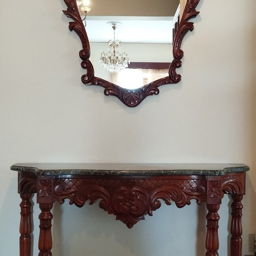 Classic entryway set console and mirror solid wood and green marble like new