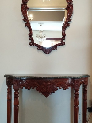 Classic entryway set console and mirror solid wood and green marble like new