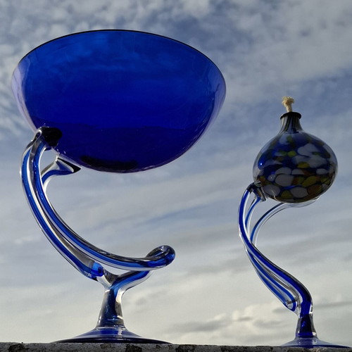 Jozefina Krosno Art Glass Bowl "Jellyfish bowl" and Duiske Irish Art Glass oil lamp like new