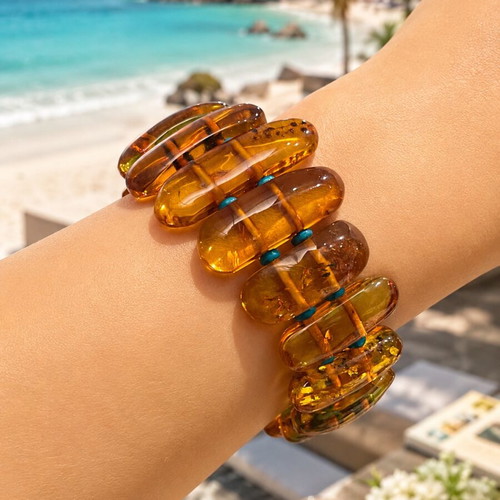 Large Amber Bracelet with Turquoise, Natural Baltic Amber