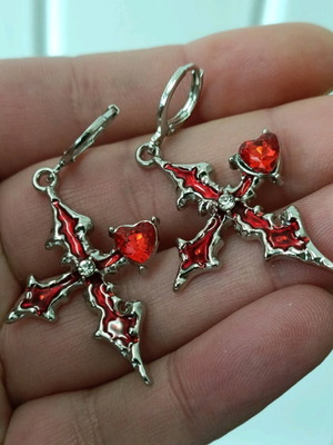 Women's earrings amethyst heart with enamel steel cross tribal new