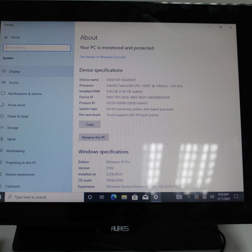 POS AURES YUNO (AIO) restored with Intel Celeron J1900, 8GB RAM, 128GB SSD